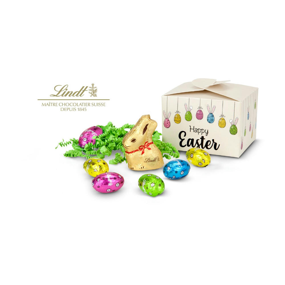 Geschenkartikel / Präsentartikel: Buntes Lindt Osternest - Lindt-Osterhase mit 6 Eiern, auch in individueller Pralinenschachtel