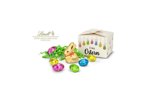 Geschenkartikel / Präsentartikel: Buntes Lindt Osternest - Lindt-Osterhase mit 6 Eiern, auch in individueller Pralinenschachtel