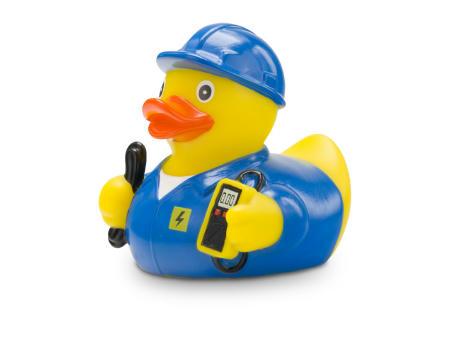 Werbeente Erik Elektriker mit blauem Kittel