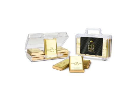 Geschenkartikel / Präsentartikel: Sie sind Gold wert - Goldkoffer mit 12 Goldbarren, Edelvollmilch-Schokolade (120 g)
