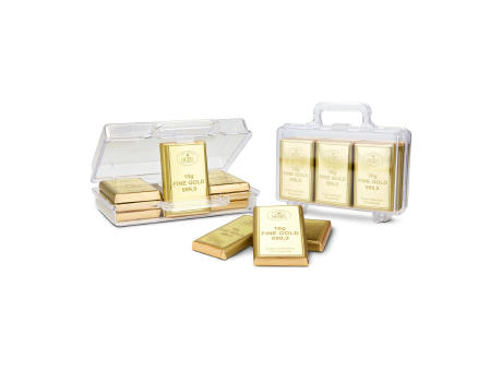 Geschenkartikel / Präsentartikel: Goldkoffer mit 12 Goldbarren, Edelvollmilch-Schokolade (120 g)