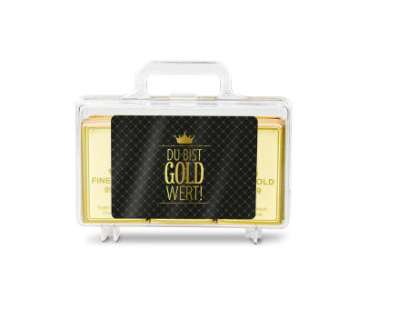 Geschenkartikel / Präsentartikel: Du bist Gold wert - Goldkoffer mit 12 Goldbarren, Edelvollmilch-Schokolade (120 g)