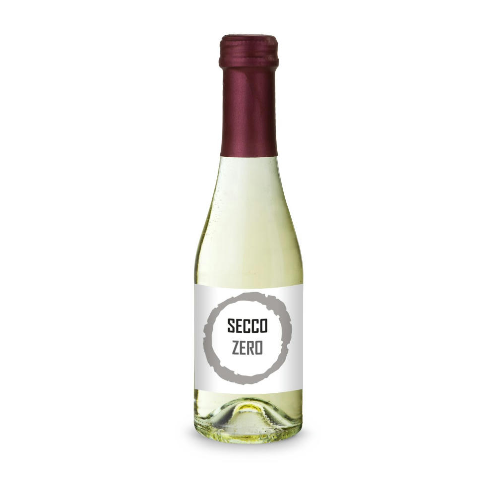 Secco ZERO - Schäumendes Getränk aus alkoholfreiem Wein - Flasche klar - Kapselfarbe Bordeauxrot, 0,2 l