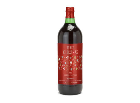 Glühwein - Flasche grün, mit Schraubverschluss, 1 l - Motiv: Merry Christmas (rot)