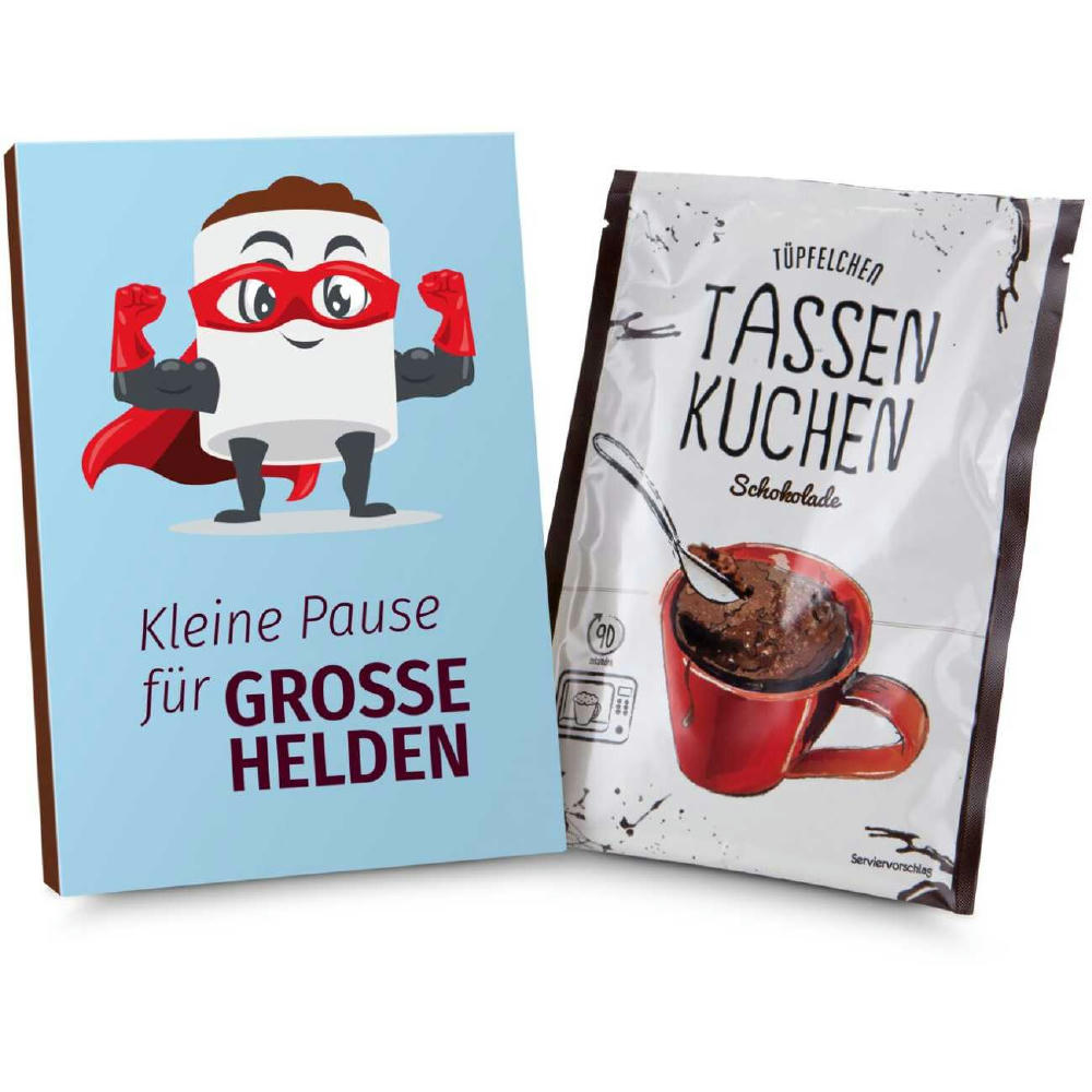 Geschenkartikel / Präsentartikel: Tassenkuchen Schokolade 70 g, Pause für große Pflegehelden