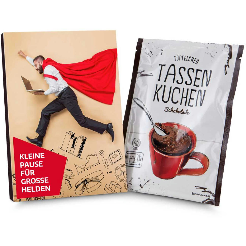 Geschenkartikel / Präsentartikel: Tassenkuchen Schokolade 70 g, Pause für große Bürohelden