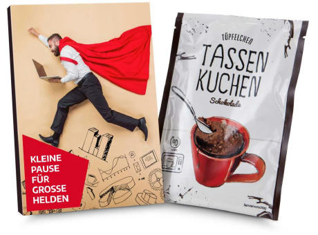 Geschenkartikel / Präsentartikel: Tassenkuchen Schokolade 70 g, Pause für große Bürohelden