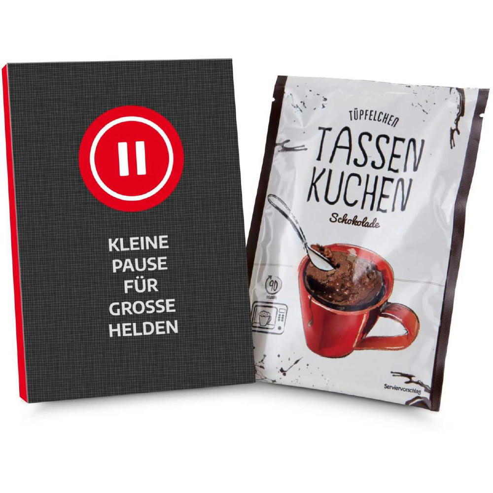 Geschenkartikel / Präsentartikel: Tassenkuchen Schokolade 70 g, kleine Pause im Home-Office