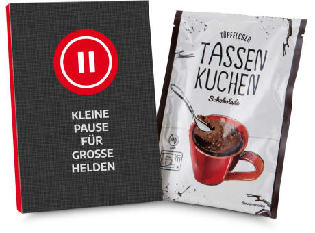 Geschenkartikel / Präsentartikel: Tassenkuchen Schokolade 70 g, kleine Pause im Home-Office