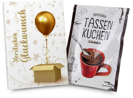 Geschenkartikel / Präsentartikel: Tassenkuchen Schokolade 70 g, Herzlichen Glückwunsch