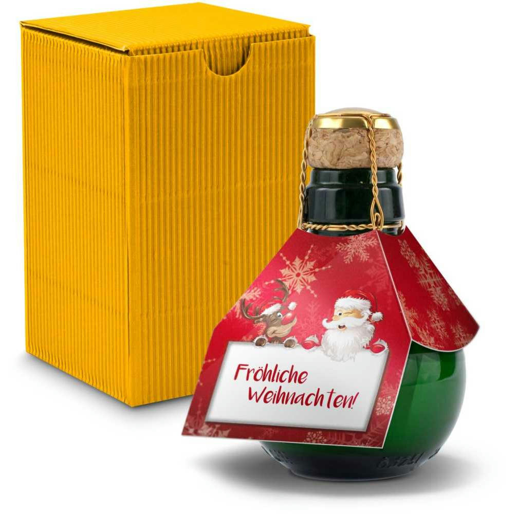 Kleinste Sektflasche der Welt! Fröhliche Weihnachten - Inklusive Geschenkkarton in Gelb, 125 ml