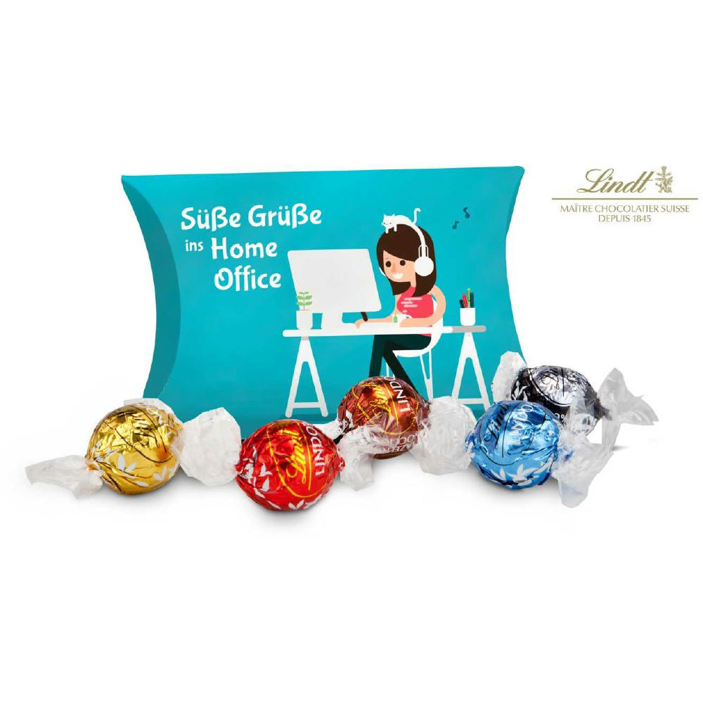 Geschenkartikel / Präsentartikel: Lindt Süße Grüße ins Home-Office, 5 Lindor Kugeln in Kissenverpackung