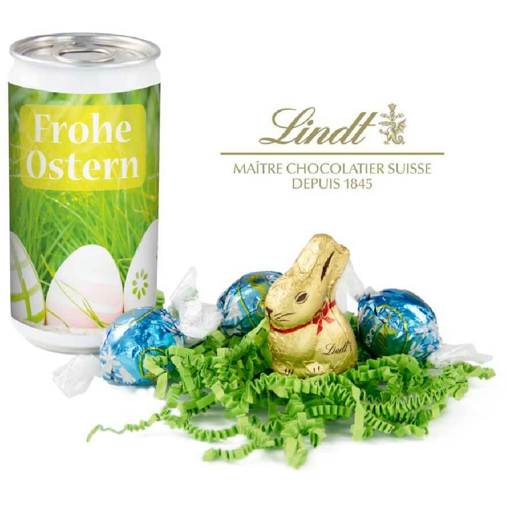 Geschenkartikel / Präsentartikel: Lindt-Oster-Überraschung, Das Nest in der Dose - Etikett Frohe Ostern - EierWiese