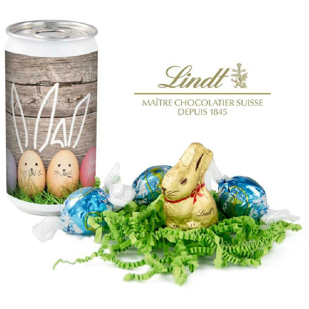 Geschenkartikel / Präsentartikel: Lindt-Oster-Überraschung, Das Nest in der Dose - Etikett Frohe Ostern - EierHasen