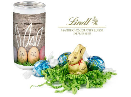 Geschenkartikel / Präsentartikel: Lindt-Oster-Überraschung, Das Nest in der Dose - Etikett Frohe Ostern - EierHasen