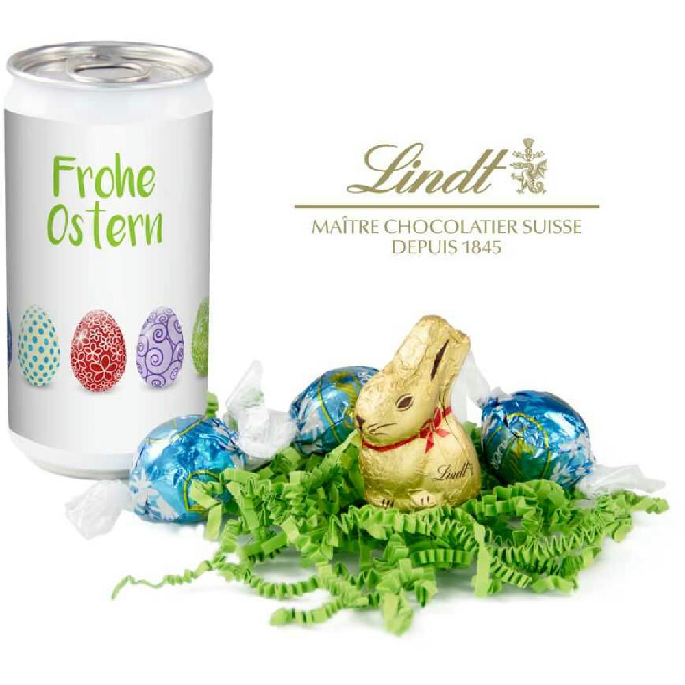 Geschenkartikel / Präsentartikel: Lindt-Oster-Überraschung, Das Nest in der Dose - Etikett Frohe Ostern - EierReihe