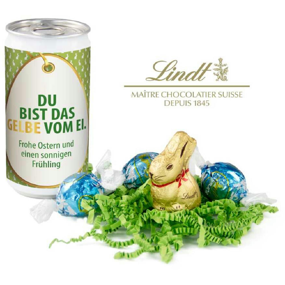 Geschenkartikel / Präsentartikel: Lindt-Oster-Überraschung, Das Nest in der Dose - Etikett Du bist das Gelbe vom Ei