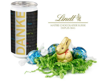 Geschenkartikel / Präsentartikel: Lindt-Oster-Überraschung, Das Nest in der Dose - Etikett Danke