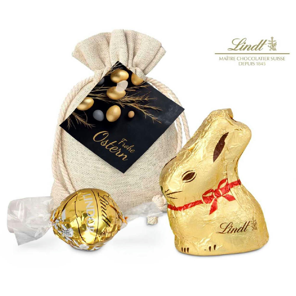 Geschenkartikel / Präsentartikel: Goldenes Ostersäckchen mit Lindt Goldhase und Lindorkugel