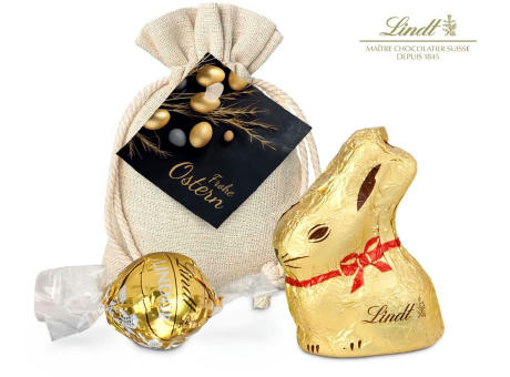 Geschenkartikel / Präsentartikel: Goldenes Ostersäckchen mit Lindt Goldhase und Lindorkugel