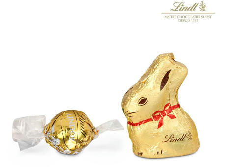 Geschenkartikel / Präsentartikel: Goldenes Ostersäckchen mit Lindt Goldhase und Lindorkugel