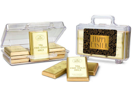 Geschenkartikel / Präsentartikel: Frohe Ostern Goldkoffer mit 12 Goldbarren, Edelvollmilch-Schokolade (120 g)