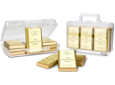 Geschenkartikel / Präsentartikel: Du bist Gold wert - Goldkoffer mit 12 Goldbarren, Edelvollmilch-Schokolade (120 g)