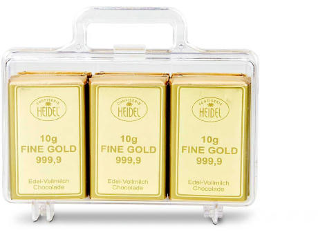 Geschenkartikel / Präsentartikel: Sie sind Gold wert - Goldkoffer mit 12 Goldbarren, Edelvollmilch-Schokolade (120 g)
