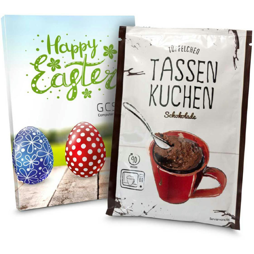 Geschenkartikel / Präsentartikel: Oster Tassenkuchen Schokolade (Backmischung 70 g), auch in individueller Stecktasche