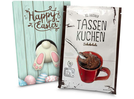 Geschenkartikel / Präsentartikel: Oster Tassenkuchen Schokolade (Backmischung 70 g), auch in individueller Stecktasche