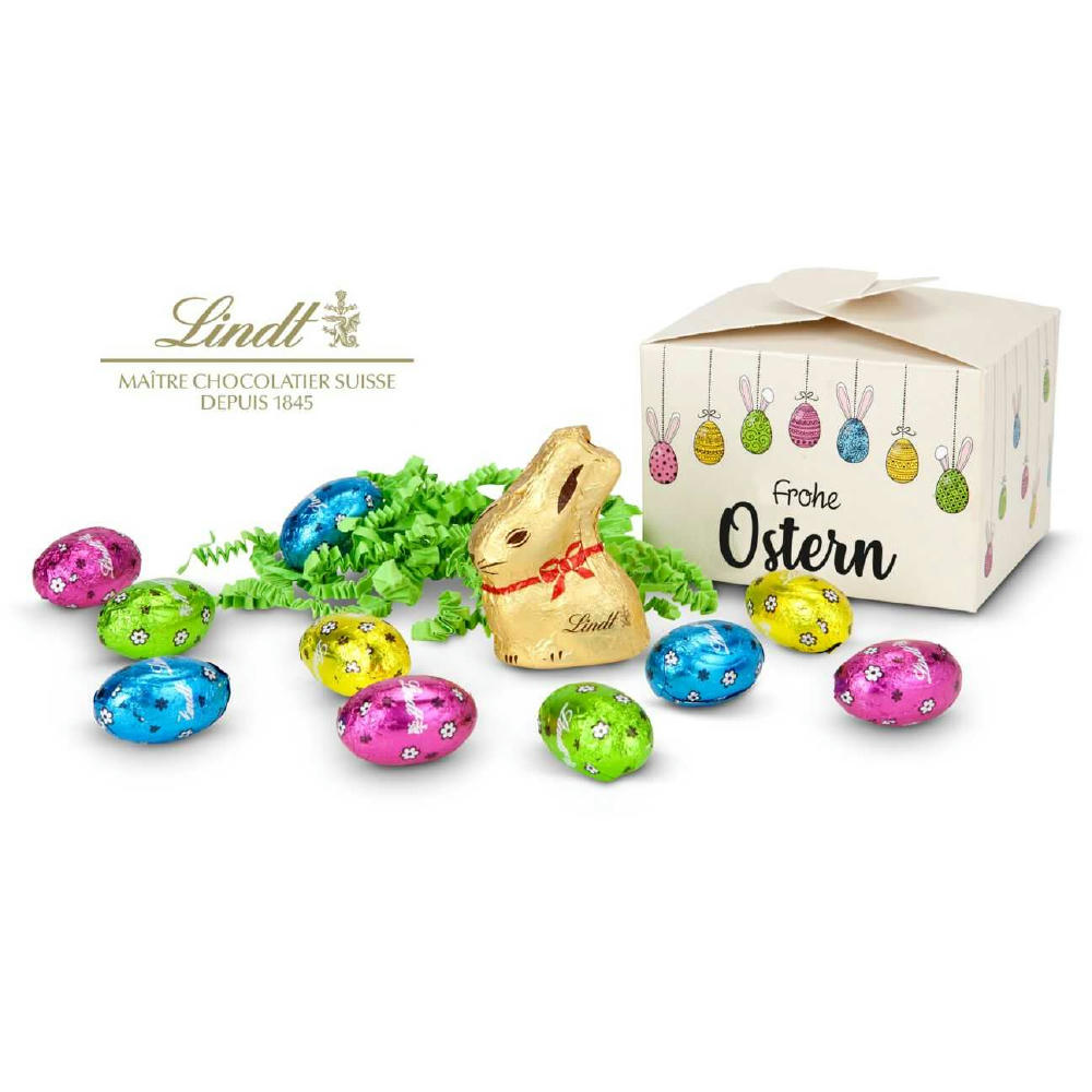 Geschenkartikel / Präsentartikel: Buntes Lindt Osternest - Lindt-Osterhase mit 10 Eiern, auch in individueller Pralinenschachtel