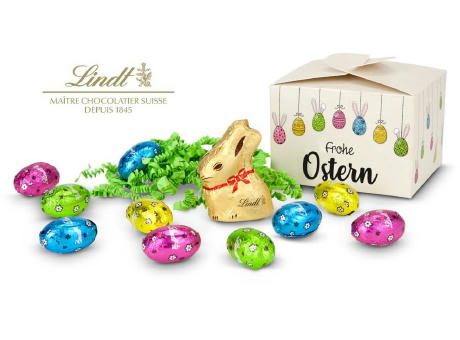 Geschenkartikel / Präsentartikel: Buntes Lindt Osternest - Lindt-Osterhase mit 10 Eiern, auch in individueller Pralinenschachtel
