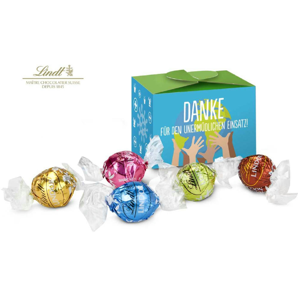 Geschenkartikel / Präsentartikel: Lindt süßes Danke, Pralinenschachtel mit Globus, 5 Lindorkugeln für Ihre Mitarbeiter (ca. 75 g)