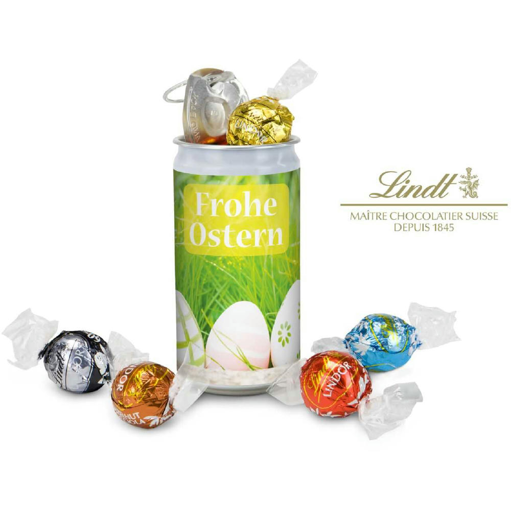 Geschenkartikel / Präsentartikel: Lindt-Geheimnis Ostern, das Nest in der Dose - Etikett Frohe Ostern - EierWiese