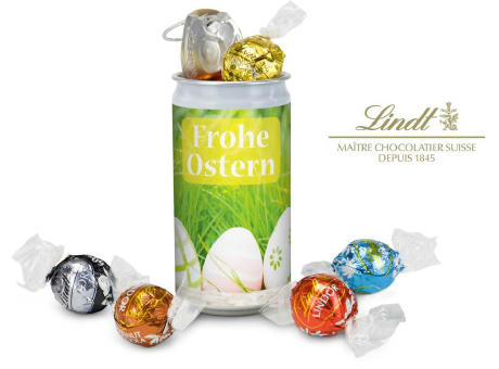 Geschenkartikel / Präsentartikel: Lindt-Geheimnis Ostern, das Nest in der Dose - Etikett Frohe Ostern - EierWiese