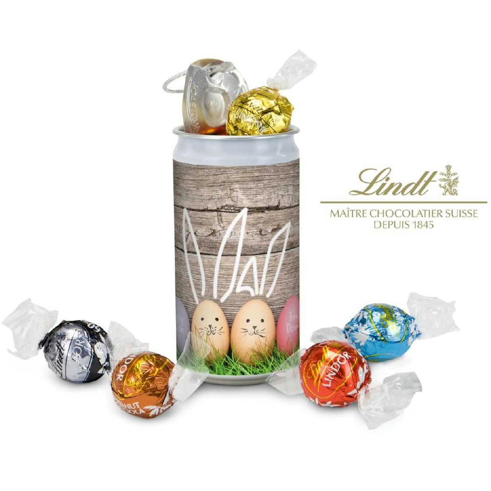 Geschenkartikel / Präsentartikel: Lindt-Geheimnis Ostern, das Nest in der Dose - Etikett Frohe Ostern - EierHasen