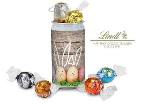 Geschenkartikel / Präsentartikel: Lindt-Geheimnis Ostern, das Nest in der Dose - Etikett Frohe Ostern - EierHasen