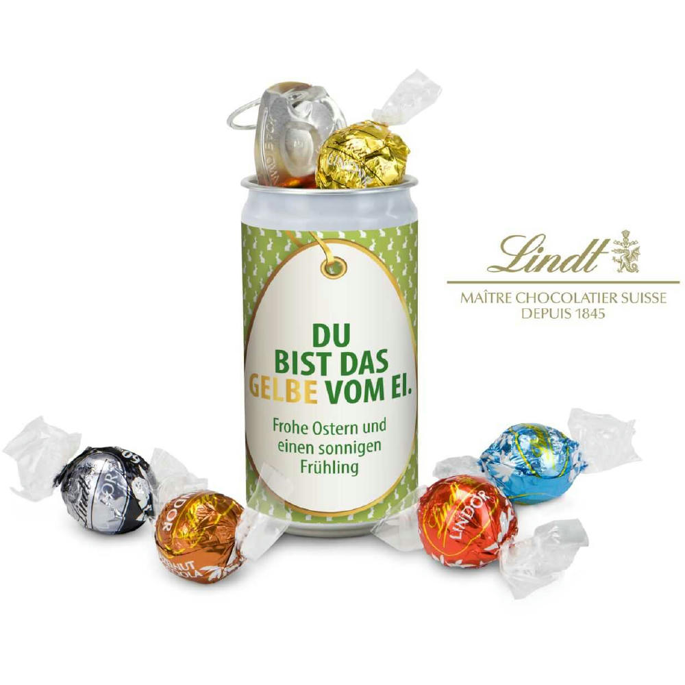 Geschenkartikel / Präsentartikel: Lindt-Geheimnis Ostern, das Nest in der Dose - Etikett Du bist das Gelbe vom Ei