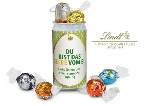 Geschenkartikel / Präsentartikel: Lindt-Geheimnis Ostern, das Nest in der Dose - Etikett Du bist das Gelbe vom Ei