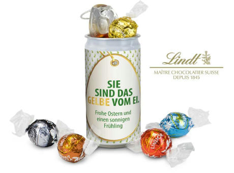 Geschenkartikel / Präsentartikel: Lindt-Geheimnis Ostern, das Nest in der Dose - Etikett Sie sind das Gelbe vom Ei