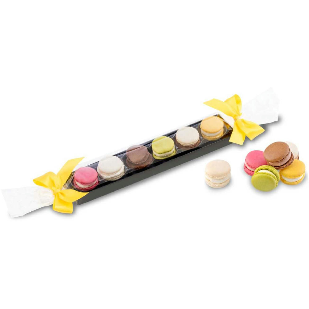 Geschenkartikel / Präsentartikel: Macaron-Stange mit Schleifen - sechs bunte Macarons (60 g)