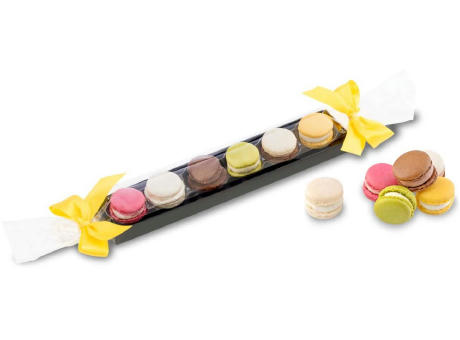 Geschenkartikel / Präsentartikel: Macaron-Stange mit Schleifen - sechs bunte Macarons (60 g)