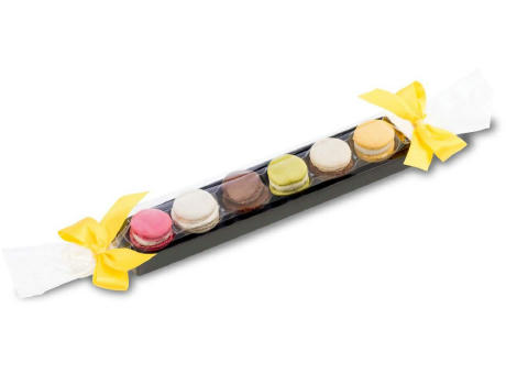 Geschenkartikel / Präsentartikel: Macaron-Stange mit Schleifen - sechs bunte Macarons (60 g)