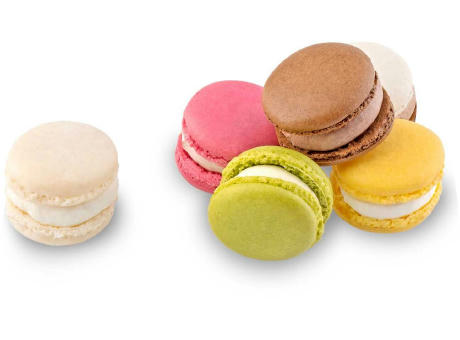 Geschenkartikel / Präsentartikel: Macaron-Stange mit Schleifen - sechs bunte Macarons (60 g)