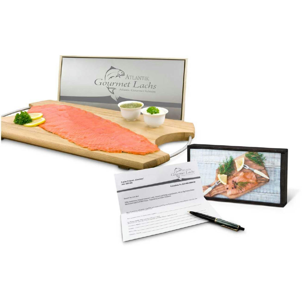 Geschenkartikel / Präsentartikel: Lachs-Gutschein in Holzbox: Gourmet