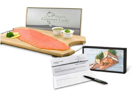 Geschenkartikel / Präsentartikel: Lachs-Gutschein in Holzbox: Gourmet