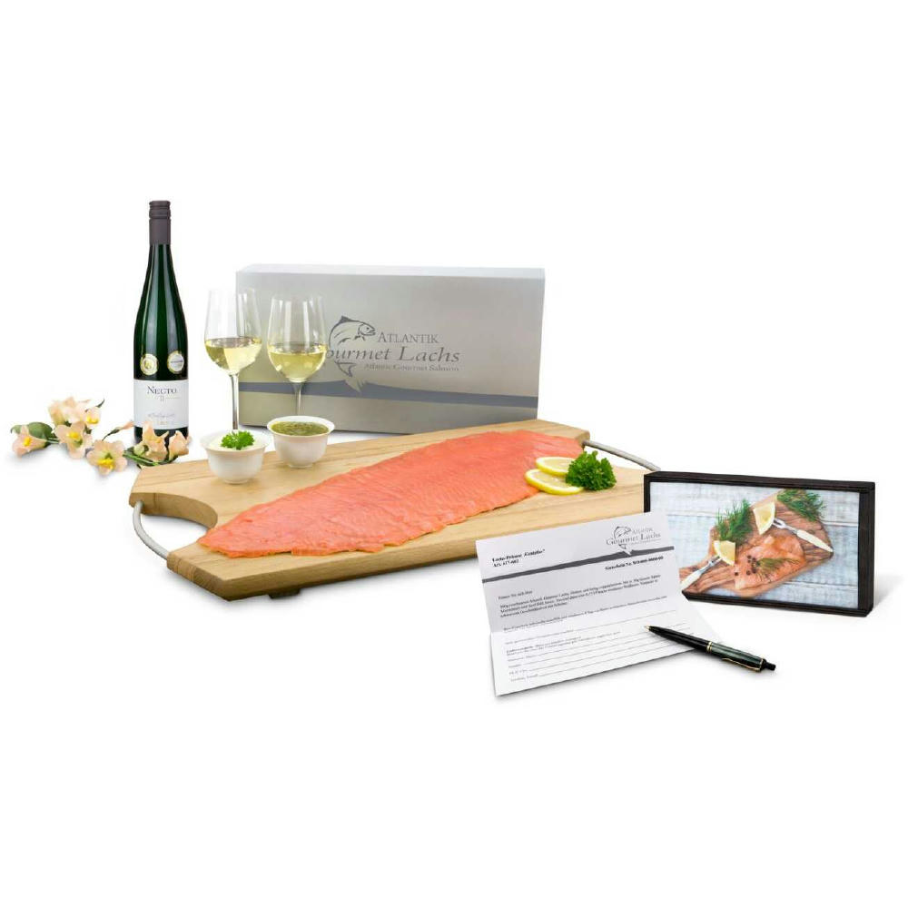 Geschenkartikel / Präsentartikel: Lachs-Gutschein in Holzbox: Genießer