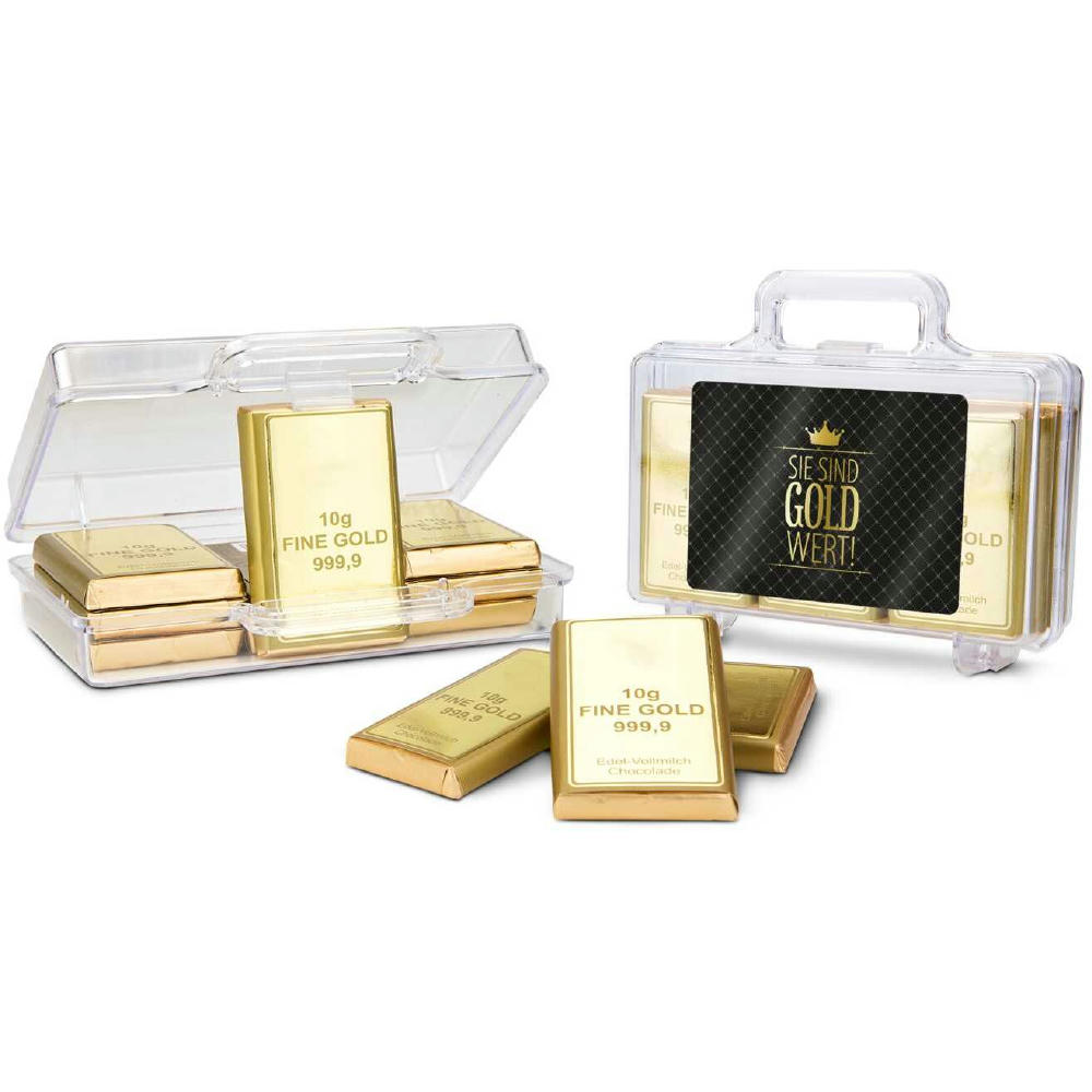 Geschenkartikel / Präsentartikel: Sie sind Gold wert - Goldkoffer mit 12 Goldbarren, Edelvollmilch-Schokolade (120 g)