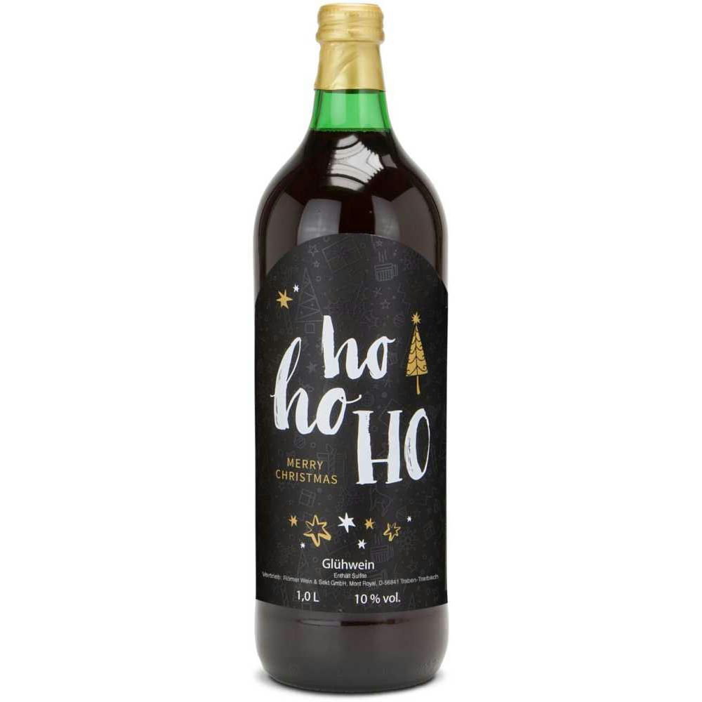 Glühwein - Flasche grün, mit Schraubverschluss, 1 l - Motiv: HOHOHO