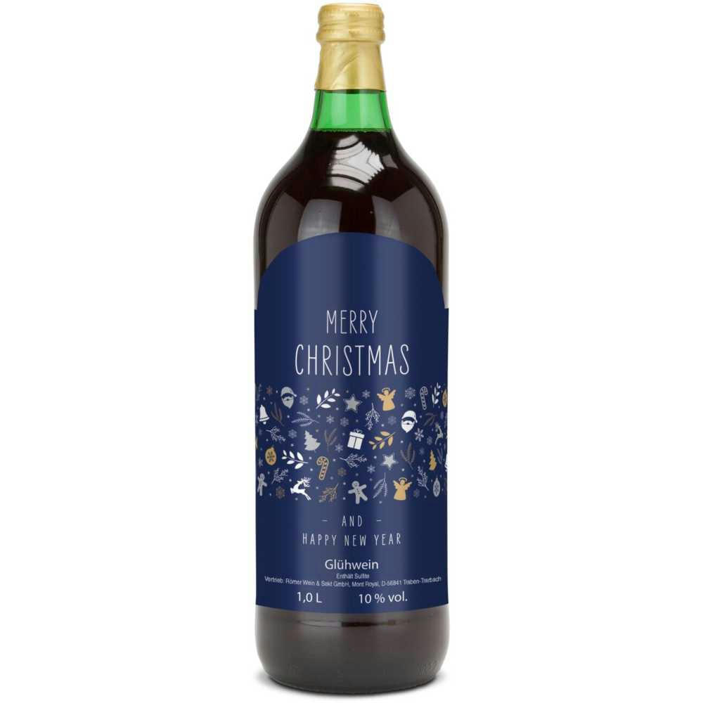 Glühwein - Flasche grün, mit Schraubverschluss, 1 l - Motiv: Merry Christmas (blau)